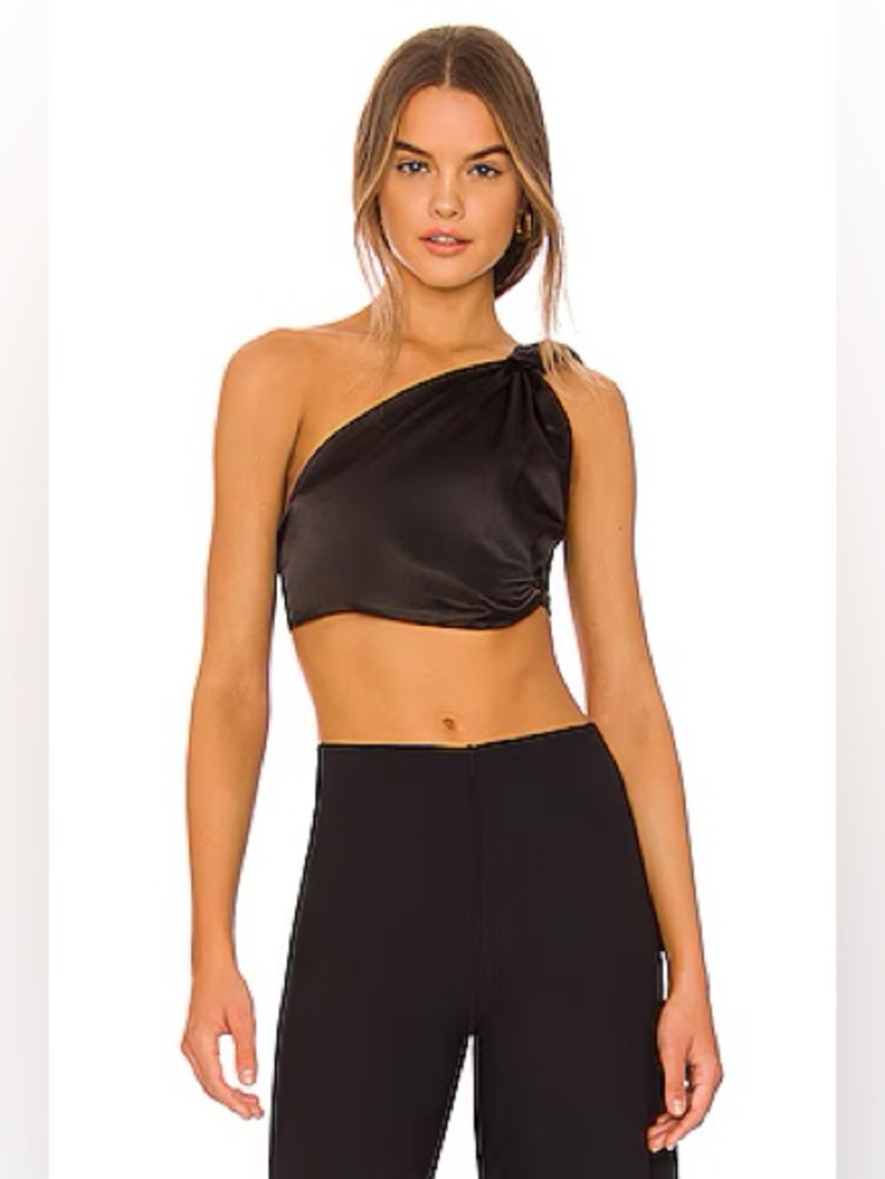 Revolve BAOBAB Collection One-Shoulder Black Satin Crop Top